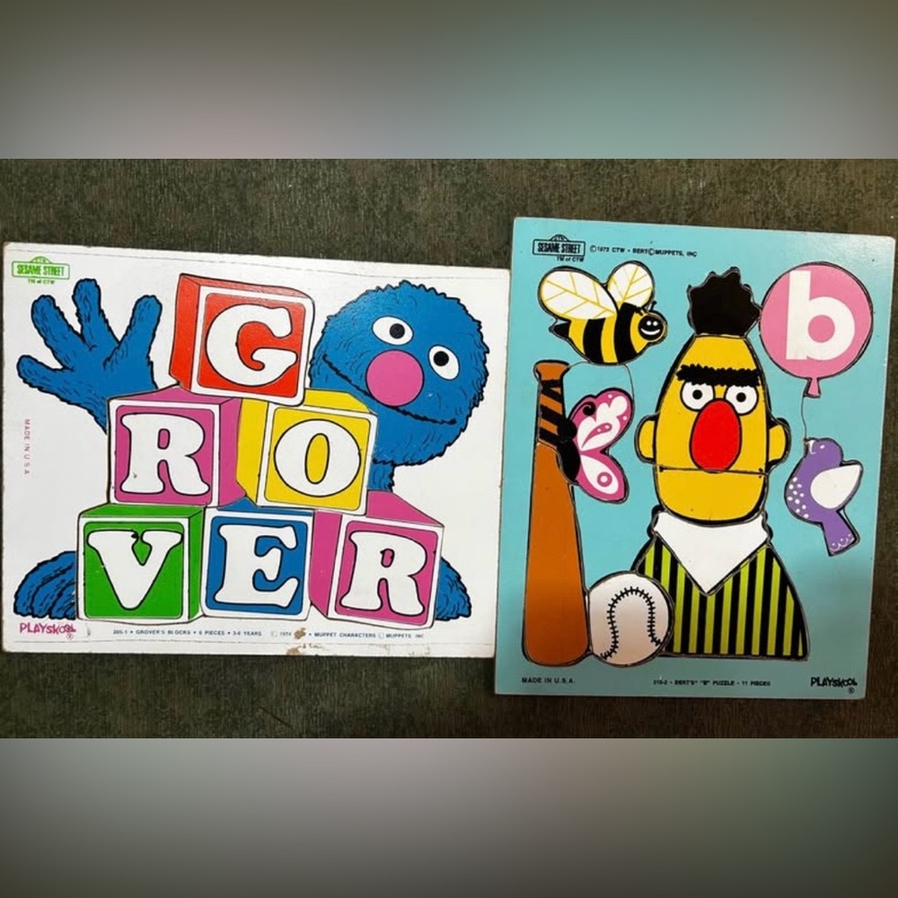 Vintage Sesame Street Grover and Bert Puzzle Set - Blue, Yellow, Red